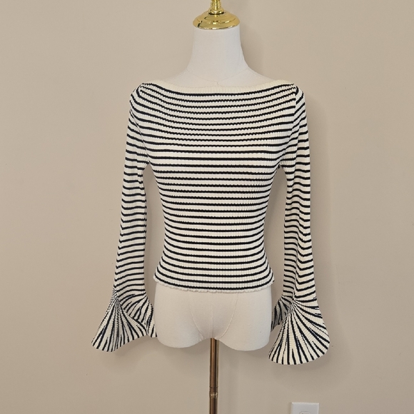 Anna Grace Cream Black Striped Ribbed Top – Boat Neck Bell Sleeves Small - Picture 1 of 5